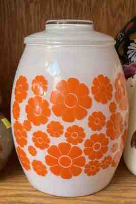 Vtg Bartlett Collins White Glass Cookie Jar with Orange Daisies