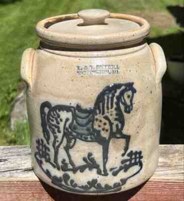 R & B. Diebboll Washington MI Lidded Stoneware Crock Horse Graphics