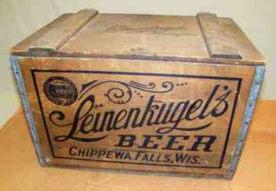 Vtg Leinenkugels Wood Beer Crate Hinge Lid Chippewa Falls WS Brewery Graphic Box