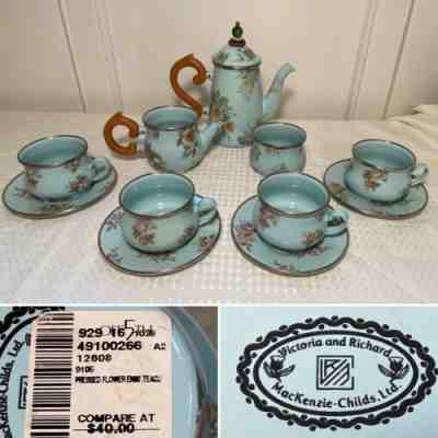 New w/ Tags Vtg MACKENZIE CHILDS 12-Pc Blue Pressed Flower Enamel Coffee/Tea Set