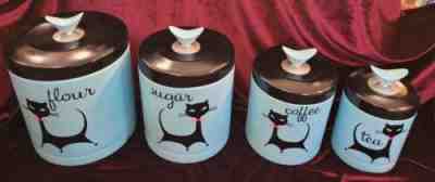Vintage Repurposed Mid Century Aqua Blue Cat Canister Set and Cake Carrier