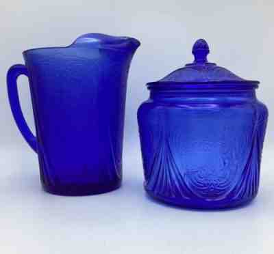 Hazel Atlas Royal Lace Cobalt Blue Depression Glass Pitcher and Biscuit Jar