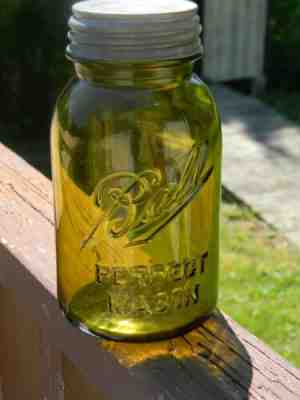 Vintage Olive Amber Ball Perfect Mason Quart Jar Number 8 with Ball Zinc Lid