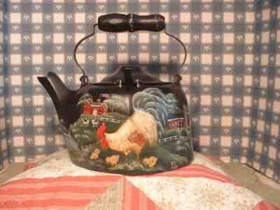 VINTAGE WAGNER 1902 8 QT. HEAVY ALUMINUM TEA POT ROOSTER FOLK ART HAND PAINTED