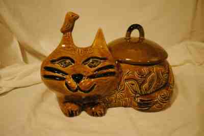 Doranne of California Lidded Cookie Jar yello CAT USA VIntage