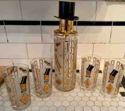 Vintage Glenshaw Top Hat Pump Decanter Barware Set 4 Glasses Winking Man