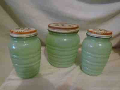 Vintage Jadeite Anchor Hocking Salt Pepper Shakers and Grease Jar Tulip Lids
