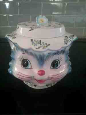 Vintage Lefton Blue Kitty Cat Miss Priss Ceramic Cookie Jar Japan 1502 with Lid