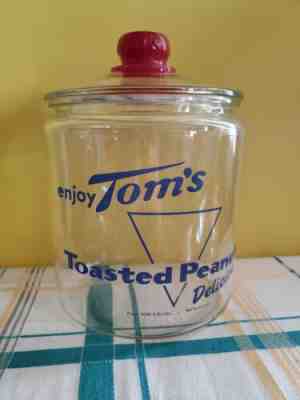 Vintage Tom's Toasted Peanuts Glass Counter Jar with Red Knob Lid 10" Mint