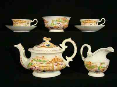 Rare Antique Staffordshire 7 Pieces Chinoiserie Boy & Dog Tea Service c1820's