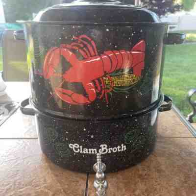 Vintage Vtg Speckled Enamel Double Steam Pot Lobster Corn, Clam Broth w/Spigot