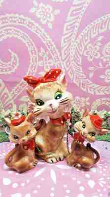 Vtg SET OF 3 ARTMARK Anthropomorphic Kitty Cats W RED POLKA DOT BOWS HATS LABELS