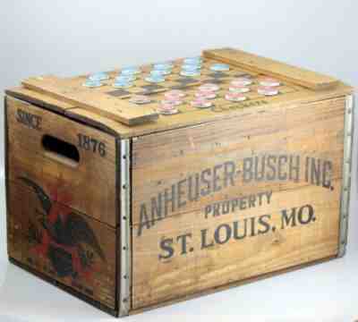 VTG Anheuser-Busch Budweiser Wooden Beer Crate w/ Checkers Lid & 24 Bottle Caps