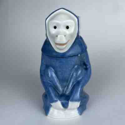 Edouard-Marcel Sandoz Haviland Limoges Monkey Lidded Tobacco Jar Box Blue VTG