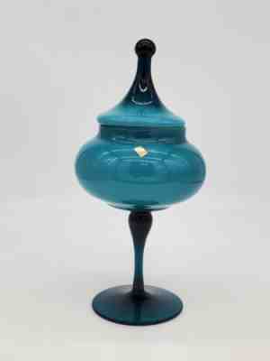 Vintage Empoli Art Glass Teal Blue Apothecary Jar Pedestal Dish w/ Lid Italy