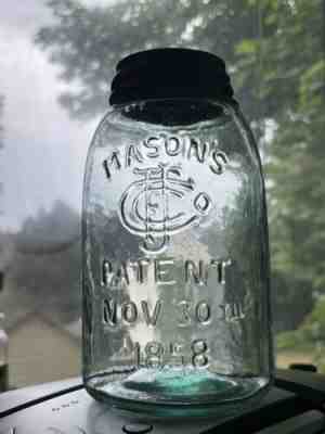 Vintage MASONâ??S PATENT 1858 CFJCo MIDGET Pint Fruit Canning Jar HFJCo Lid