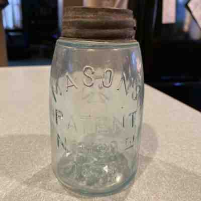 One Pint Vintage Aqua Colored Zinc Lid Canning Jar Masonâ??s Patent Nov 30th 1858