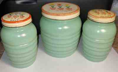 Vintage Green JADEITE Beehive Range Set-Grease Jar-Salt-Pepper Shakers Tulip Lid