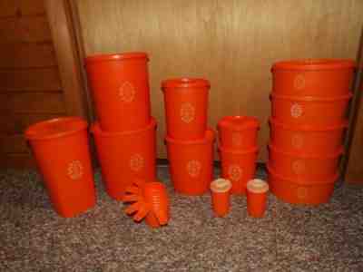 VTG Lot of 12 TUPPERWARE ORANGE SERVALIER CANISTERS MEASURING CUPS / SALT PEPPER