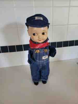 Vintage Buddy Lee Union Made Dark Blue Overalls and Hat. Missing Arms.