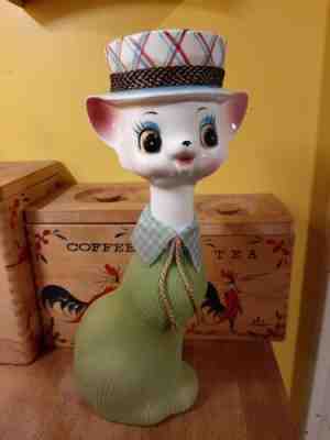 50's Vintage Kitsch Long Neck Top Hat Cat BIG EYE Ceramic Figure Japan Kawaii