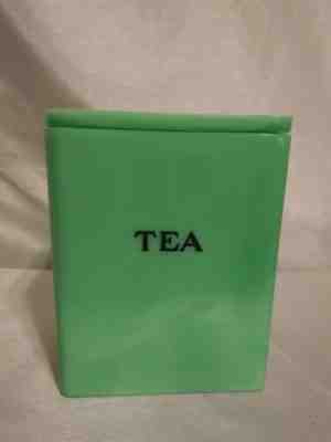 Vintage Jeannette Jadeite Uranium Glass Square Tea Canister~ Floral Lid