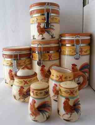 9 Pcs Ceramic Rooster Canister Set + Sugar/Creamer & Salt/Pepper Vintage ALCO