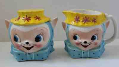 Vintage Royal Sealy Blue Kitty Cat Cream & Sugar Yellow Hat Japan