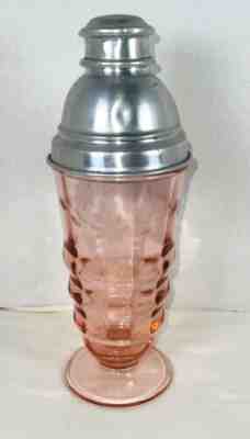 Vintage Paden City Art Deco Pink Etched Glass Cocktail Shaker With Lid Strainer