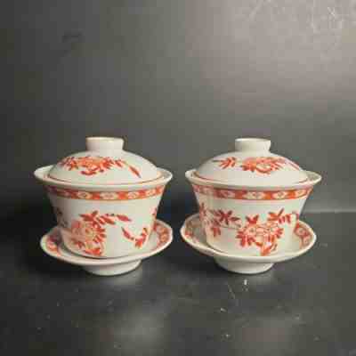 2 Sets The Peninsula Hong Kong Hotel Tea Cup Saucer Lid White Red Ceremony Vtg