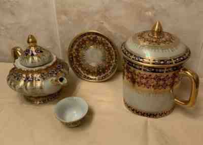 Vtg Rare Thai Benjarong Mug w/Lid Saucer Set & Mini Teapot Cup Set Hand Painted