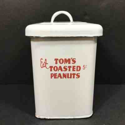 Vintage Toms Toasted Peanuts Canister Enamelware With Lid RARE