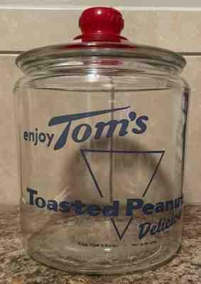 Tom's Toasted Peanuts Glass Display Jar With Lid Vintage Blue Writing, Red Knob