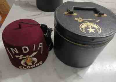 Masonic Shriner Jeweled Fez Hat with Vintage Case - India Clowns - Size 7 1/4