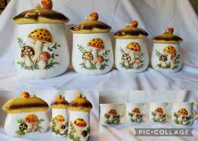Merry Mushroom 4 Canisters, napkin holder, salt, pepper shaker 4 coffee mugs