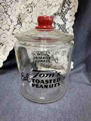 VINTAGE TOM'S TOASTED PEANUTS GLASS COUNTER JAR W/ RED KNOB LID