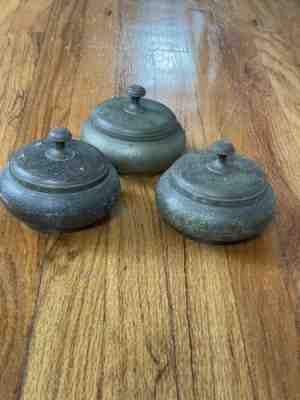 3 VINTAGE HANDMADE ETCHED BRASS CONTAINER WITH COVER LID MADE IN INDIA 1997