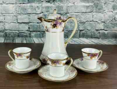 Antique Nippon Morimura Hand Painted Chocolate Pot/Tea Set Purple Floral & Gold