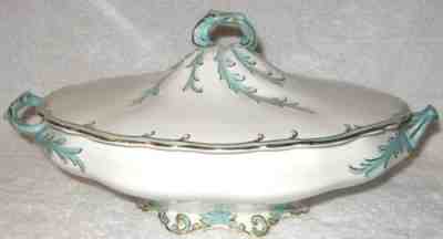 ANTIQUE GOODWIN POTTERY TURQUOISE & WHITE COVERED VEGETABLE BOWL HAND PAINTED