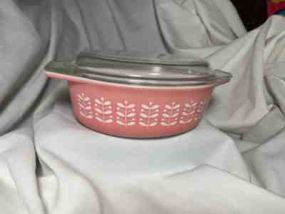 Rare Vintage Pyrex Pink Stems Casserole w/ Lid USA Limited 1962