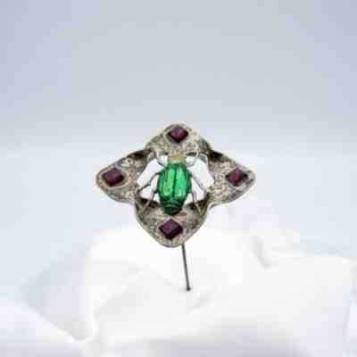 Antique GREEN Bug with 4 Purple Stones, Hat Pin, Hatpin NR
