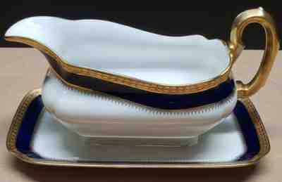 Antique Gravy Boat Hutschenreuther Bavaria Gold Encrusted Rim Cobalt Blue AsPicD