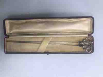 Pair of antique Large Charles Horner silver hat pins 1911 Boxed