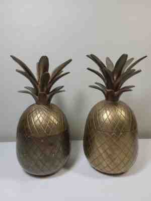2 Vintage India Brass Pineapple Trinket Candle Holder trinket box with lid 7.5"