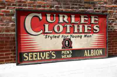 Vintage CURLEE CLOTHES Mens Wear Tin Sign Top Hats Suits Albion wood frame 8ft