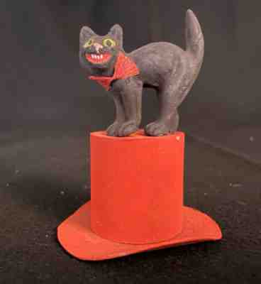GERMAN BLACK CAT ON TOP/ RED HAT CANDY CONTAINER VINTAGE HALLOWEEN ANTIQUE