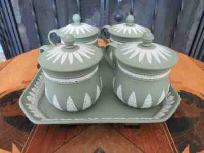 Vintage Wedgwood Museum Series Green Jasperware Custard Set Tray Acanthus LE250