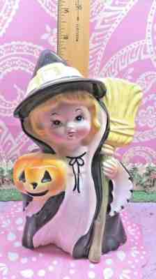 Vtg Relpo A1904 Halloween Little Girl Witch W Pumpkin Broom Hat W LABEL Planter