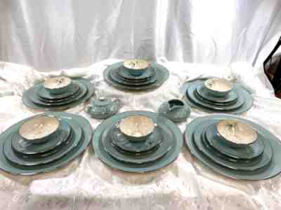 Vintage MCM Atomic Franciscan Silver Pine, 6 5pc Settings Creamer Sugar/Lid 32pc