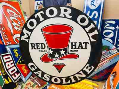 RED HAT MOTOR OIL GASOLINE VINTAGE PORCELAIN ENAMEL SIGN 48 INCHES DOUBLE SIDED